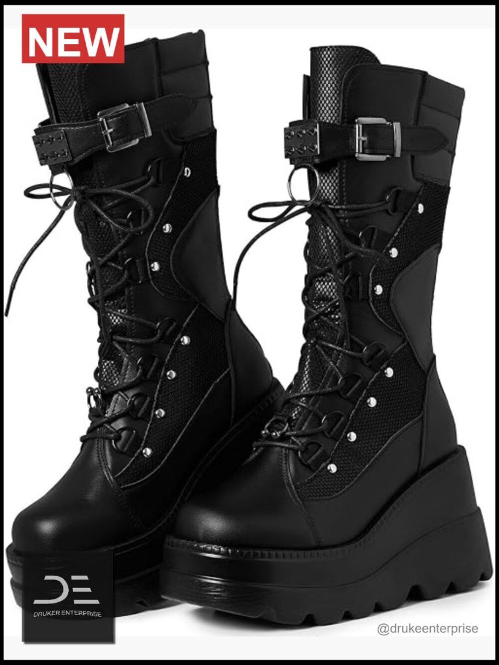 Goth Platform Boots Chunky Wedge Heel Combat Lace Up Zip Mid Calf